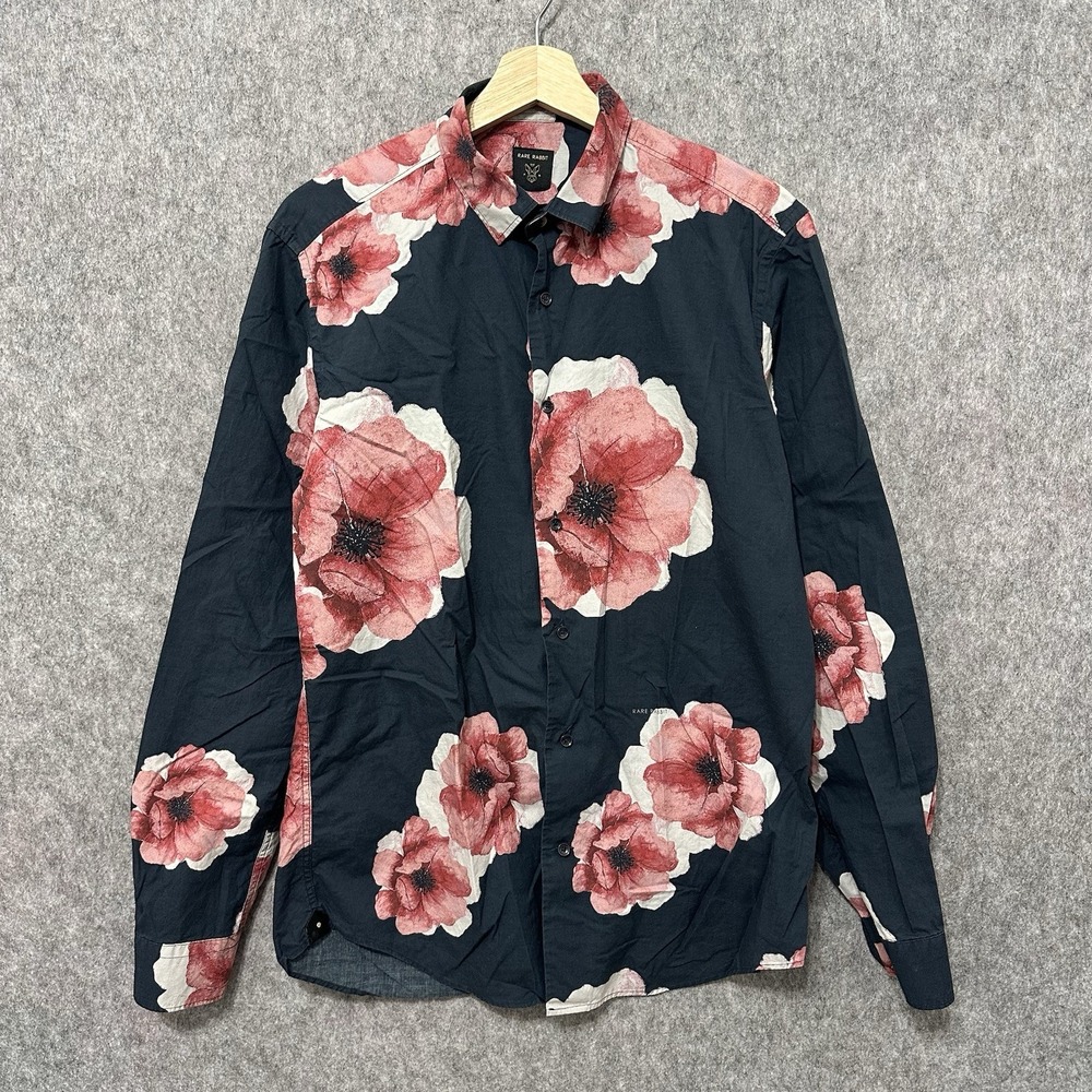 Rare Rabbit Men's Floral Button Down Shirt Black Red 100% Cotton Sz M Nethers